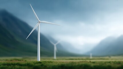 A serene landscape featuring wind turbines standing tall amidst lush green fields, surrounded by majestic mountains, showcasing the beauty of renewable energy in harmony with natur