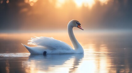Fototapeta premium Detailed close-up depiction of a graceful swan cygnet gliding elegantly in pristine Montana waters within a scenic park county environment
