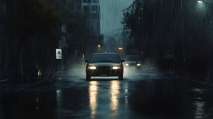 Night city rain car driving through heavy downpour on wet street at night