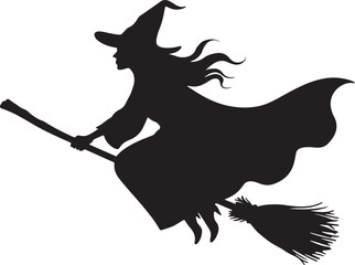 Witch silhouette, Halloween witch on a broomstick flying silhouette vector illustration on white background.
