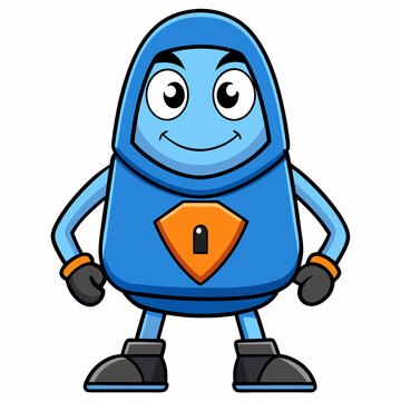 Gizmo, the Iconic and Friendly Blue Robot Companion from the 'Superbook' Series, Depicted with his Cheerful Expression, Large Eyes, and Signature Orange Shield Emblem Featuring a Keyhole on his Chest