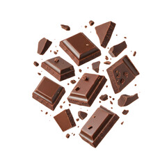 Fototapeta premium Pieces of Dark Crumbled Chocolate Floating on White Background