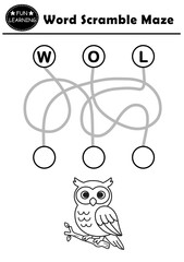 Word maze worksheet for kids with cute owl illustration. Labyrinth game for preschool children. Fun spelling practice activity.
