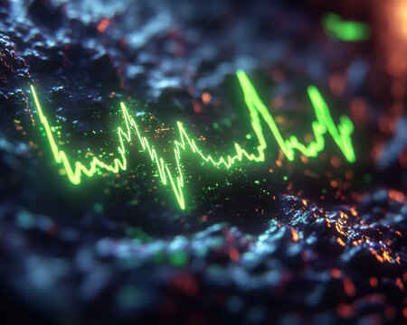 A vibrant green heartbeat signal pulses across a digital landscape symbolizing vitality energy and