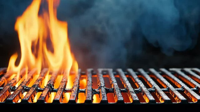 Hot metal grill with rising flames and smoke in outdoor barbecue setup, summer cooking and grilling concept

