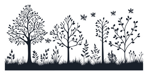 Minimal style prairie forest pack, hand-drawn elm tree, black tree silhouette, organic design, spring landscape, vector illustration, wilderness scene, natural environment.