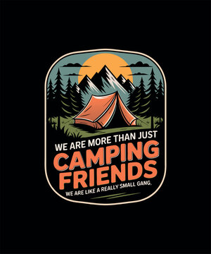 Camping Friends Retro Badge Design with Mountains and Tent