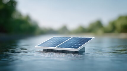 A solar panel floats serenely on calm water, symbolizing innovative renewable energy solutions for a sustainable future. Ideal for projects on technology and ecological awareness.