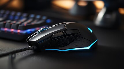 Sleek gaming mouse with blue LED light illuminates a dark desktop near keyboard