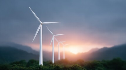 Obraz premium A stunning landscape featuring wind turbines on a hill, surrounded by lush greenery. The background showcases a dramatic sunset, highlighting the importance of renewable energy.