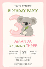 Birthday party invitation card with cute koala. Birthday party vector template	