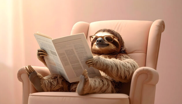 A charming cartoon sloth with glasses, happily relaxed in a light pink armchair, engrossed in a large book. It embodies comfort, joy in reading, and a warm learning atmosphere.