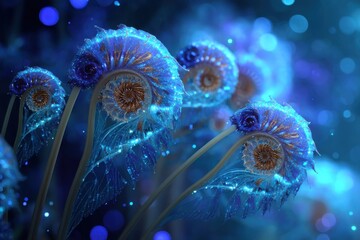 Captivating close-up of bioluminescent fern fronds glowing in ethereal blue light, showcasing delicate spiral patterns and intricate details in a magical ambiance.