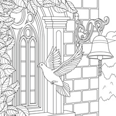 Vector illustration, a pigeon flies near the window of a building