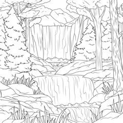 Vector illustration, landscape waterfall in the forest