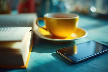 Morning break: A vibrant yellow teacup steams next to a book and a sleek smartphone on a blue wooden table, bathed in soft sunlight, evoking relaxation and modern lifestyle.