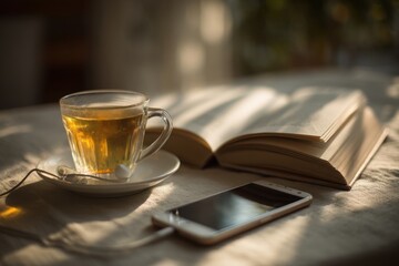 A cozy scene with a cup of tea, an open book, and a smartphone, creating a relaxed atmosphere for reading and enjoying some personal downtime indoors.