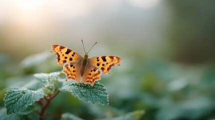 Obraz premium A vibrant butterfly perched on a leafy green plant, showcasing its striking orange and black patterns against a softly blurred background, symbolizing the beauty of nature.