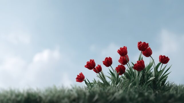 A vibrant display of red tulips in a lush green field, set against a clear blue sky. Perfect for celebrating nature's beauty and bringing color to any design project.