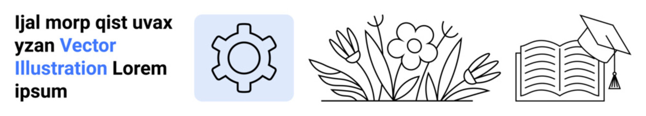 Gear for technology, floral elements for nature, and open book with graduation cap for learning. Ideal for education, sustainability, growth, innovation, creativity, progress simple landing page