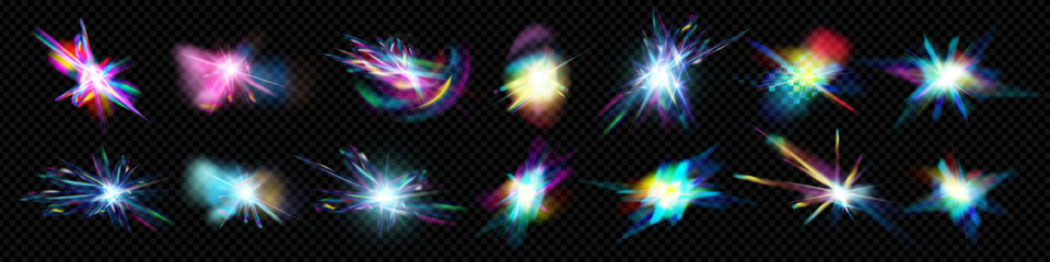 Rainbow prism light effect set with crystal shine and glass flare. Iridescent sparkle and glowing spectrum burst on transparent background. Abstract optical magic for fantasy or jewelry themes.
