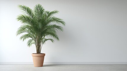 Obraz premium A vibrant green potted palm tree adds a touch of nature and freshness to a minimalist interior space, perfect for home decor or office aesthetics.