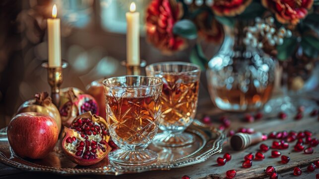 Crystal glasses of pomegranate juice on the table for romantic dinner in autumm atmosphere