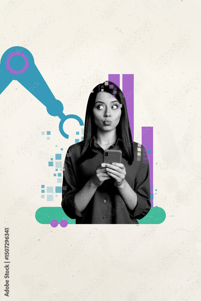Poster trend pop collage of person stand front charts pixel elements with robotic hook on pastel background