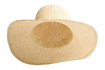 Beach straw hat front view and raised up isolated white background. Hat with clipping path as design banner, studio shot with sunlight. Summer travel hat for beach holidays on Vacation