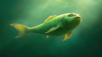 A vibrant underwater scene showcasing a majestic green fish gracefully swimming through crystal-clear water, illuminated by soft sunlight filtering from above.
