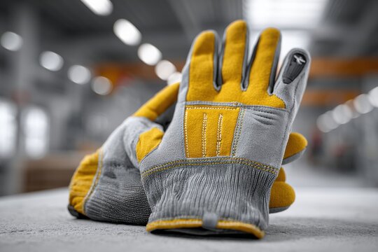 Close-up shot of safety gloves with yellow reinforcement, showcasing their design and durability, ideal for construction, industry, and protection in demanding environments.