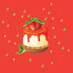 Cake with cream and fruit:Strawberry pancakes isolated vector illustration