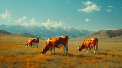 Cows Grazing on a Mountain Pasture at Sunset, Highlands background, cinematic vintage effect, contrast colors