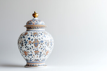 Antique porcelain vases and ceramic pots on a white background, featuring traditional art and ancient patterns.