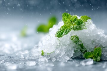 Fresh green mint leaves resting on a pile of crushed ice with water droplets, conveying a sense of cool refreshment and natural ingredients, perfect for summer drinks.
