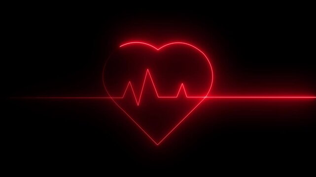 Abstract flicker heart beat line icon. 4k purple color neon glowing light heartbeat display screen. Medical research, show sign, colorful abstract neon animation, Neon Heartbeat Pulse Graphic concept.