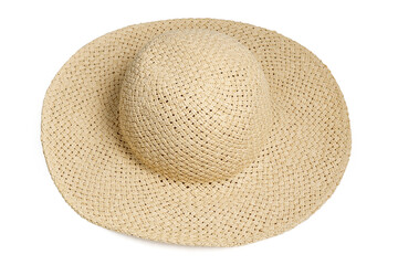 Straw hat lying at angle from above isolated white background. Beach hat front view with clipping path as design banner, studio shot with sunlight. Summer travel cap for beach holidays on Vacation