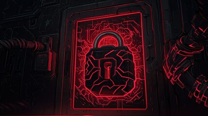 A futuristic digital door with a glowing red padlock on display