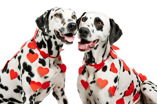 Twos dalmatians with many red paper hearts on their body and heads love dogs pet isolated on white background PNG