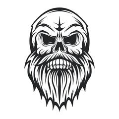 Monochrome Vector Illustration of a Skull with Beard: Graphic Design Element, Halloween, Tattoo                                                       