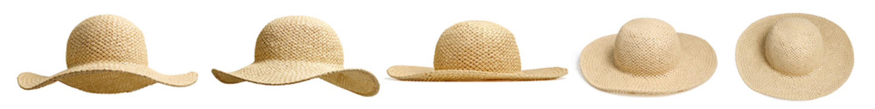 Set of beach straw hats on white background. Stylish summer travel headdress for beach holidays on Vacation. Fashion sun protection hat for banner design with studio shot with artificial sunlight