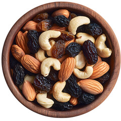 Wooden bowl of almonds cashews and raisins isolated on transparent background