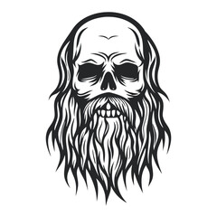Monochrome vector illustration of a skull with a long beard on a white background.                                                                    