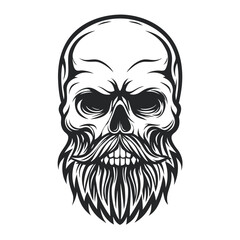 Detailed Black and White Skull with Beard Illustration in Vector Format on a Clean White Background.                                                  
