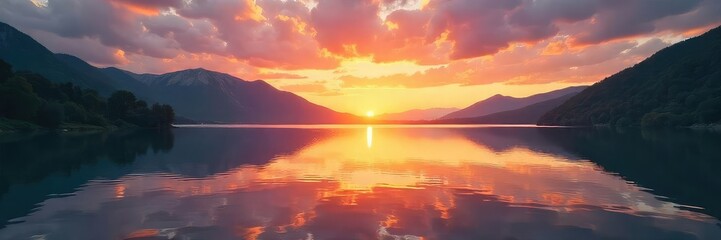 Fototapeta premium A tranquil sunrise over a calm lake, reflecting the peaceful resolution and new beginnings of life Perfect for themes of serenity, hope, and fresh starts , dreams, lake