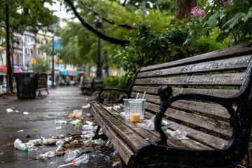 Litter and overflowing garbage pollute a wet park bench and walkway after rain, showing the consequences of pollution and littering in urban spaces.