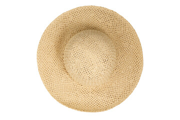 Straw hat top view isolated white background. Beach hat flat lay, with clipping path as design banner studio shot with sunlight. Summer travel cap for beach holiday on Vacation