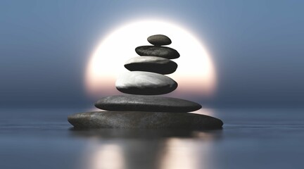 Pyramid of stones against the background of the sun, 3D rendering