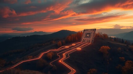 Glowing AI Chip in Desert Dunes at Sunset – Futuristic Technology Landscape Illustration