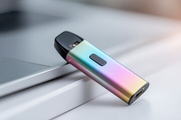 A close-up studio shot showcases a modern vape pen, a sleek device with a gradient of vibrant colors, resting on a metallic surface, emphasizing its contemporary design.